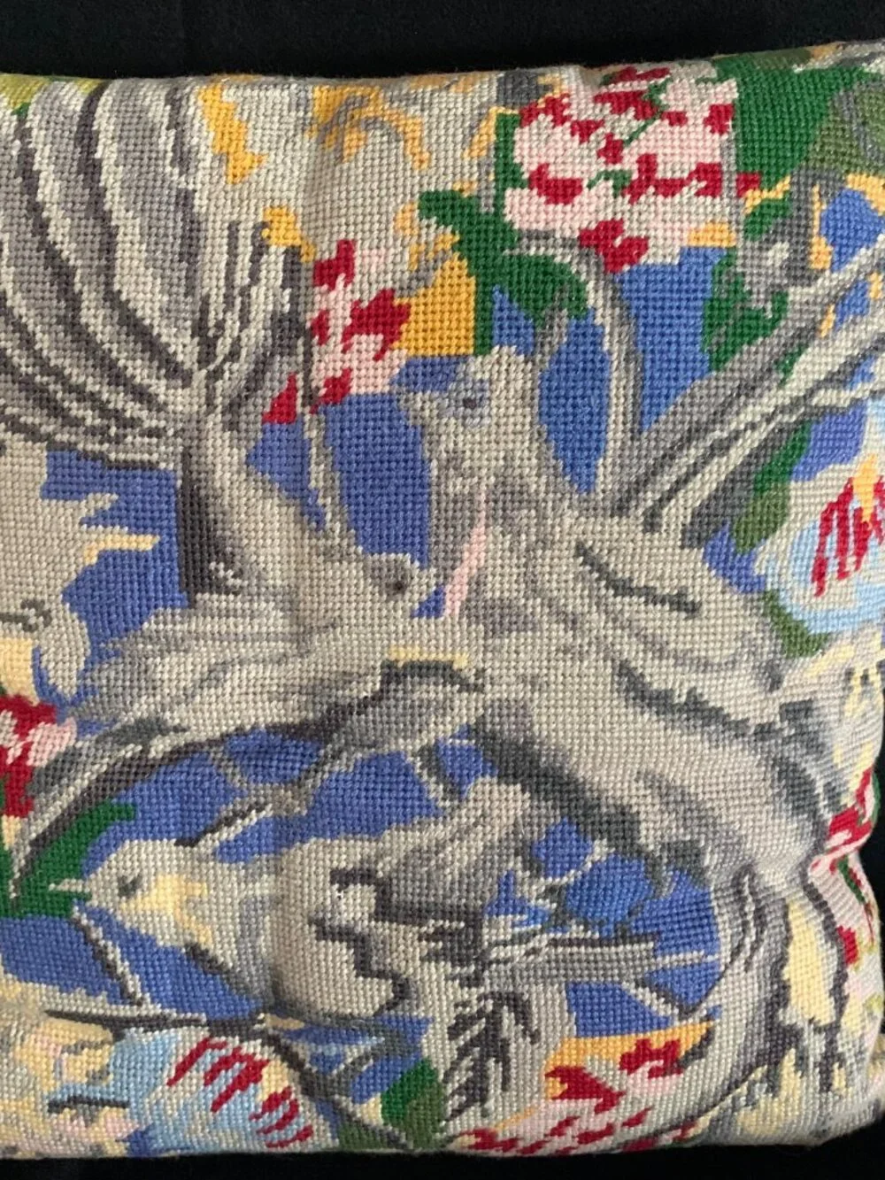 Vintage Handmade Wool Needlepoint Throw Pillow Jacobean Birds Flowers Satin Back